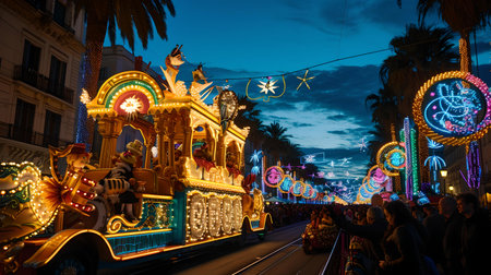 Evening parade scene with bright floats, happy spectators enjoying festive lights and decorations. A.I.の素材