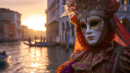 Elegant masked person in venice at dusk. ideal for cultural, travel, or festive editorial use. A.I.の素材