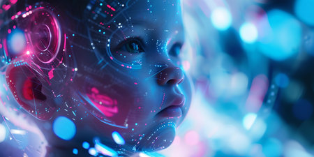 Close-up of a child with neon lights reflecting on skin, symbolizing technology and AI future. A.I.の素材