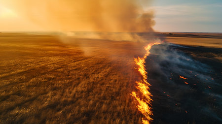 A wildfire rages in a field during golden hour, a dramatic display of nature's power and unpredictability. A.I.の素材