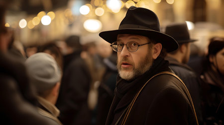 Focused portrait of a man in warm clothes lost in thought among a blurred crowd on a city evening. A.I.の素材