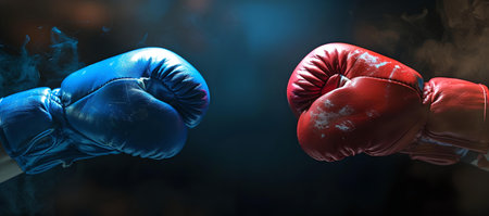 A confrontational scene with red and blue boxing gloves, suggestive of rivalry and sport tension. A.I.の素材