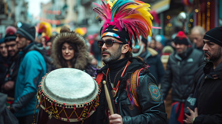 Man in bright headwear playing drum at street parade with blurred crowd in background. captivating local event. A.I.の素材
