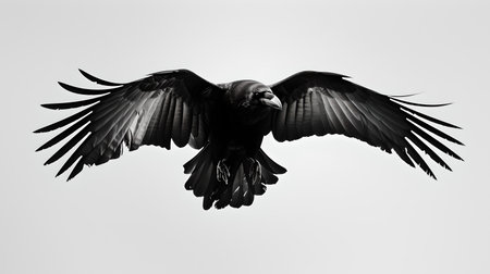 A black raven soars with spread wings. monochrome wildlife shot conveying freedom and elegance. A.I.の素材