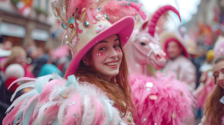 Woman in elaborate pink carnival outfit smiling in a festive parade setting, exuding joy and celebration. A.I.の素材