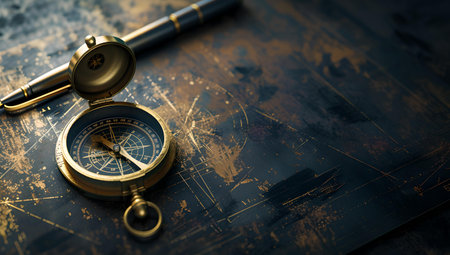 Antique compass on a vintage map depicts exploration and adventure. ideal for historical and travel themes. A.I.の素材