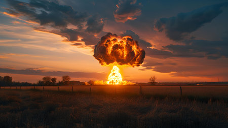 Vivid explosion against a sunset sky, creating a powerful, awe-inspiring scene. perfect for creative projects. A.I.の素材