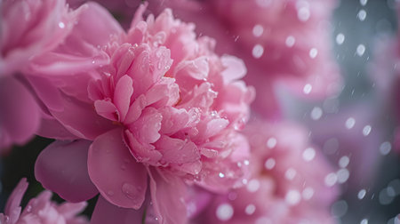 Elegant pink peonies in bloom with glittering water drops, ideal for serene floral backgrounds and spring themes. A.I.の素材