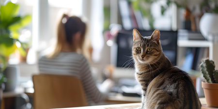 Tabby cat on focus, woman working in blurred background. perfect for home office related content. A.I.の素材