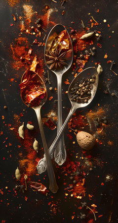 A vertical shot capturing the essence of culinary art with spices ablaze. perfect for kitchen decor. A.I.の素材