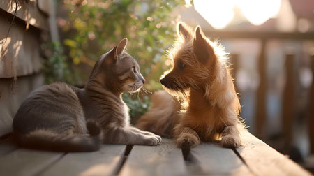 Captivating moment of a cat and dog facing each other in a serene setting, embodying friendship and peace. A.I.の素材