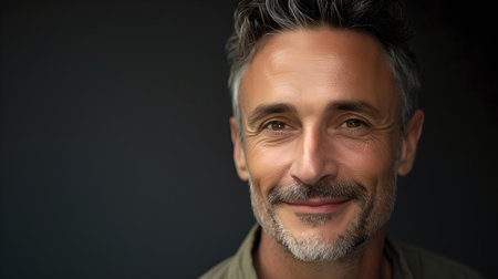 Close-up of a content middle-aged man with a friendly smile, depicting confidence and casual elegance. A.I.の素材