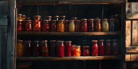 Assorted preserved fruits and vegetables in jars on rustic wooden shelves, evoking a cozy, homemade feel. A.I.の素材