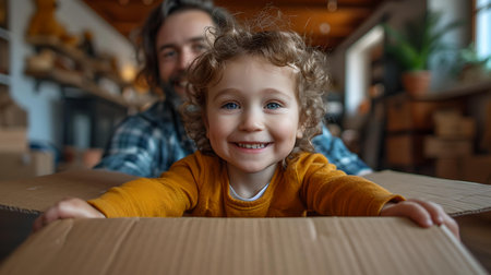 Smiling curly-haired child with adult in background enjoying playtime. capturing family joy and simplicity. A.I.の素材