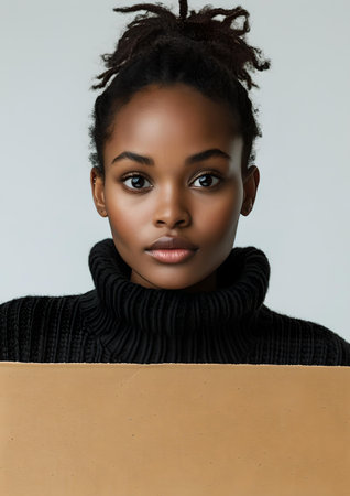 Stylish young woman in a black turtleneck, presenting a blank cardboard sign with a serene expression. A.I.の素材