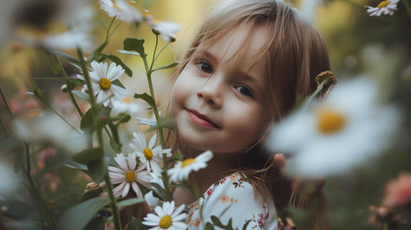 Young girl smiles gently among daisies, evoking childhood innocence and the beauty of nature in a candid shot. A.I.の素材