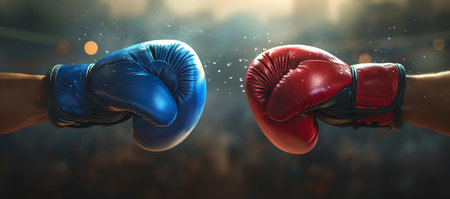 Red and blue boxing gloves colliding mid-air with dynamic energy and determination in a competitive sports concept. A.I.の素材