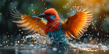 Artistic AI creation of a colorful bird in flight, surrounded by droplets. ideal for wildlife and nature themes. A.I.の素材
