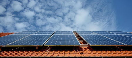 Solar panels mounted on rooftops under a clear blue sky, showing sustainable energy solutions. A.I.の素材