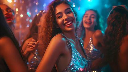 Captivating image of a beaming young lady enjoying a dance at a glittering party surrounded by friends. A.I.の素材
