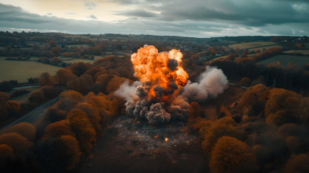 A fiery explosion erupts in a tranquil countryside setting during fall season, contrast of destruction and nature. A.I.の素材