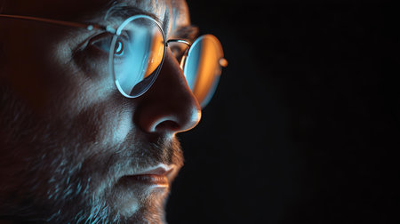 Close-up of a thoughtful man with glasses, lit by contrasting warm and cool lights, evoking intensity and drama. A.I.の素材