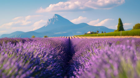 Stunning view of a lavender field with a picturesque mountain backdrop, ideal for wall art and travel brochures. A.I.の素材