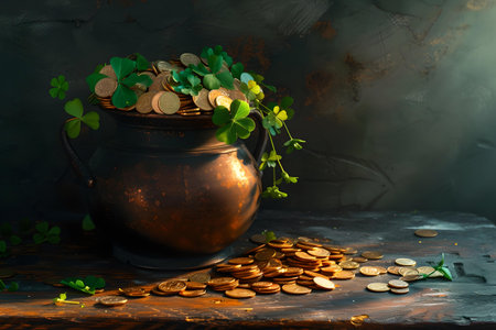 Vintage pot brimming with gold coins and clover leaves on a rustic surface. perfect for themes of luck and wealth. A.I.の素材