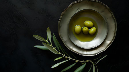 Aesthetic image of olives in bowl with a fresh branch, dark moody food photography for kitchen decor. A.I.の素材