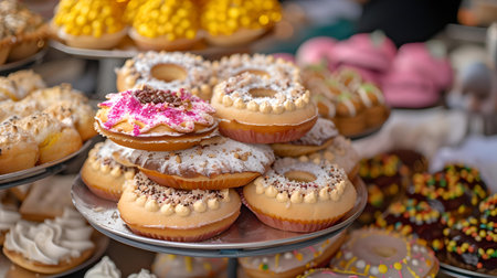 Close-up of a variety of delicious donuts on display. mouthwatering treats for sweet-tooth enthusiasts. A.I.の素材