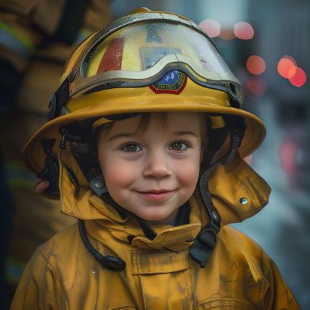 Smiling young child in firefighter helmet and jacket depicts aspirations and dreams. ideal for educational content. A.I.の素材