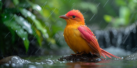 A bright orange bird rests on a rock amidst a gentle rain, showing the serenity of natural wildlife. A.I.の素材