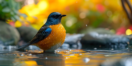 A colorful bird stands in water amidst a blurred floral backdrop, showing natural tranquility and wildlife beauty. A.I.の素材