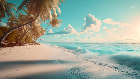 Inviting tropical beach view with azure waters, palm fringe, and soft sands. ideal for travel and tourism. A.I.の素材