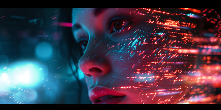 Cyber woman with futuristic lights on face. sci-fi, artificial intelligence concept. striking digital portrait. A.I.の素材