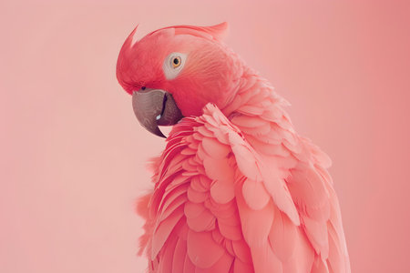 Vivid pink parrot grooming with care. a close-up showing delicate feathers against a pastel backdrop. A.I.の素材