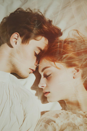 Serene image of a young couple sleeping together in a warm, comforting embrace, depicting love and intimacy. A.I.の素材