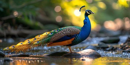 Majestic peacock with colorful feathers displayed in a natural forest habitat illuminated by soft sunlight. A.I.の素材