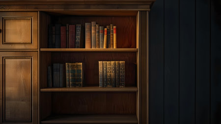 A wooden bookshelf filled with antique books, capturing the essence of a traditional study. A.I.の素材