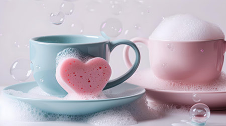 A romantic setting with a teal cup, pink frothy drink, and a heart, symbolizing love and care. A.I.の素材