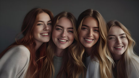 Group of four diverse, joyful women standing together. ideal for concepts of friendship and unity. A.I.の素材