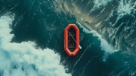 A solitary lifeboat rides stormy ocean swells, symbolizing crisis and the need for rescue in a vast expanse. A.I.の素材