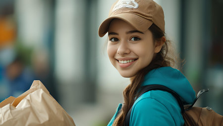 Smiling female courier in casual workwear delivering packages. authentic candid style, service with a smile. A.I.の素材