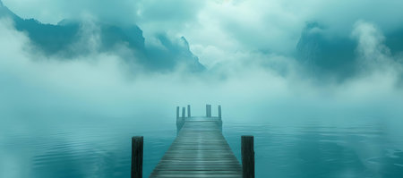 A serene wooden dock extends into a calm, foggy lake, offering a peaceful landscape for mindfulness and posters. A.I.の素材