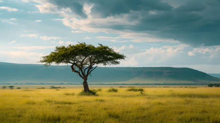 A tranquil savanna landscape featuring a solitary tree under expansive skies, evoking peace and solitude. A.I.の素材