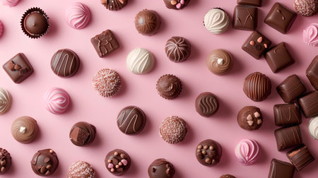 An array of gourmet chocolates arranged on pink surface, ideal for culinary and confectionery themes. A.I.の素材