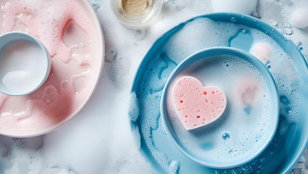 Pastel tableware with heart-shaped cookie on blue plate, milk jug aside. aesthetic and elegant. A.I.の素材