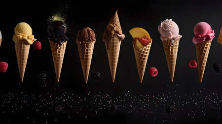 Row of various ice cream cones against a dark backdrop, illustrating diversity in flavors and a treat for the senses. A.I.の素材