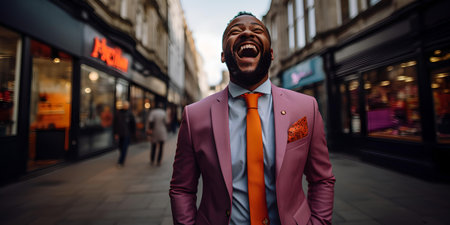 A cheerful man in a pink jacket exudes happiness on a bustling city street with shops in the background. A.I.の素材