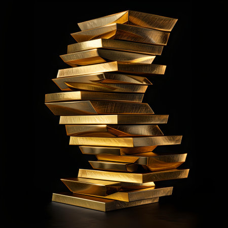 A surreal stack of gold books with a magical twist floats in darkness, symbolizing knowledge and fantasy. A.I.の素材